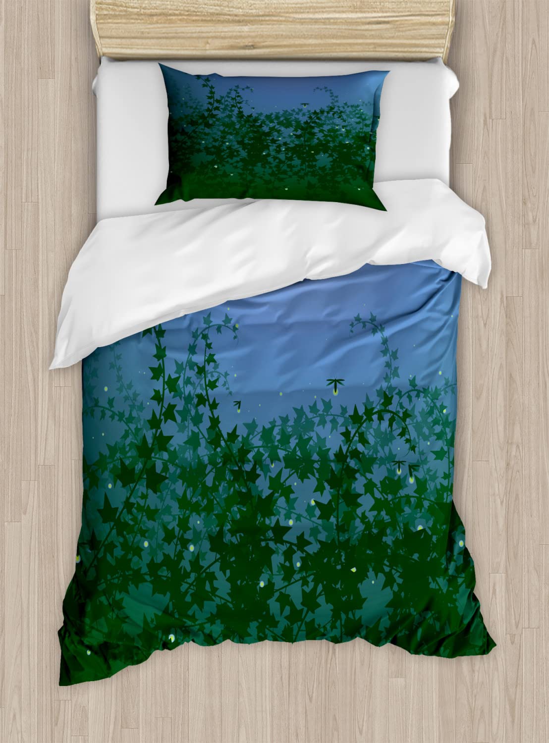 Ambesonne Firefly Duvet Cover Set - Queen Size 2-Pack with Ivy Leaf Nature Design in Ceil Blue & Dark Green | Includes 2 Duvet Covers & 4 Pillowcases | Perfect for Bedroom Decor, Woodland Theme, and Nature-Inspired Home Styling