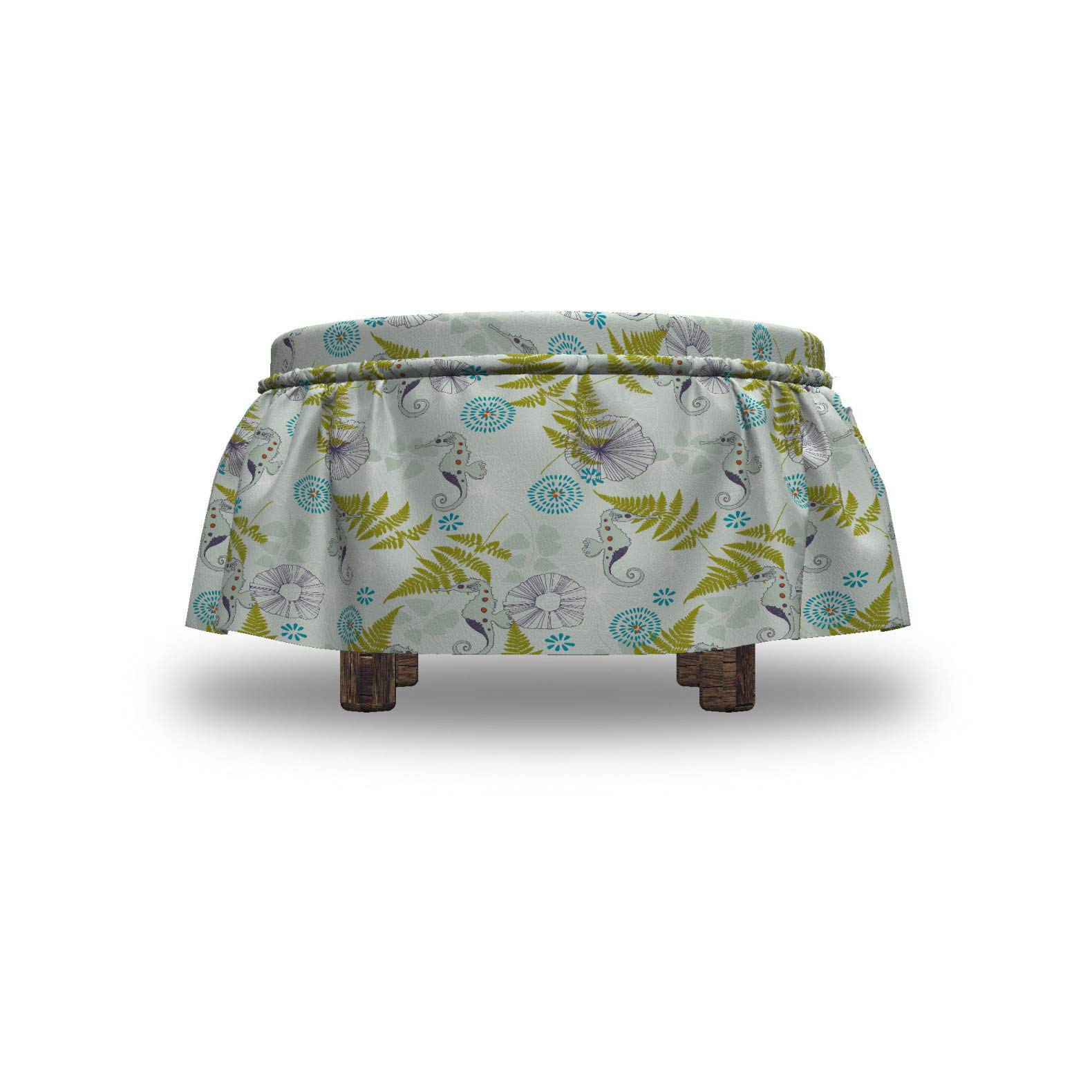 Ambesonne 2-Piece Ottoman Slipcover Set with Ruffle Skirt - Seahorse & Fern Pattern Square Round Cube Footstool Cover - Standard Size Almond Green & Apple Green - Perfect for Living Room, Bedroom, Nursery Decor