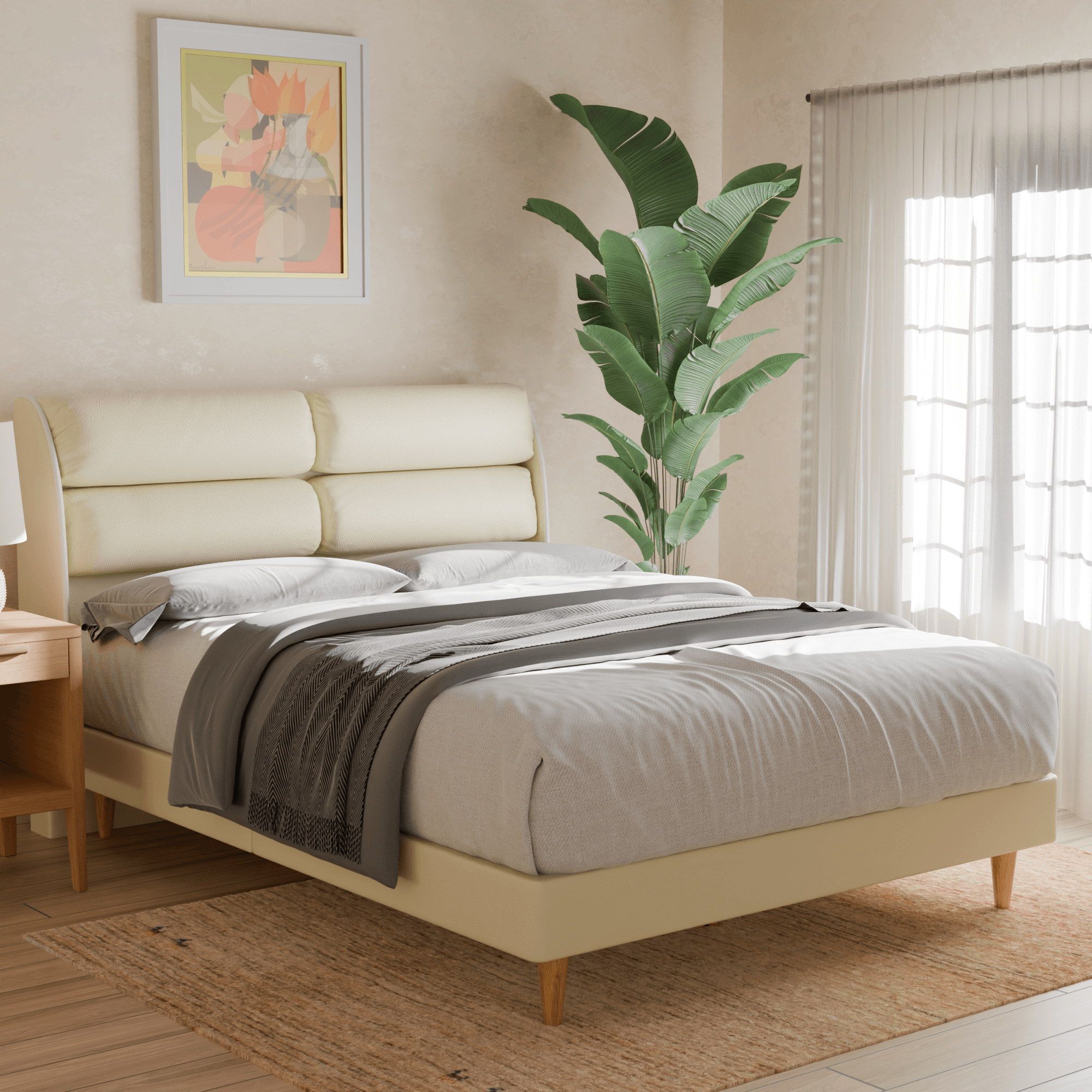 Fobbee Queen Size Faux Leather Upholstered Bed Frame with Wooden Slats - Modern Platform Bed for Bedroom, Guest Room, or Apartment