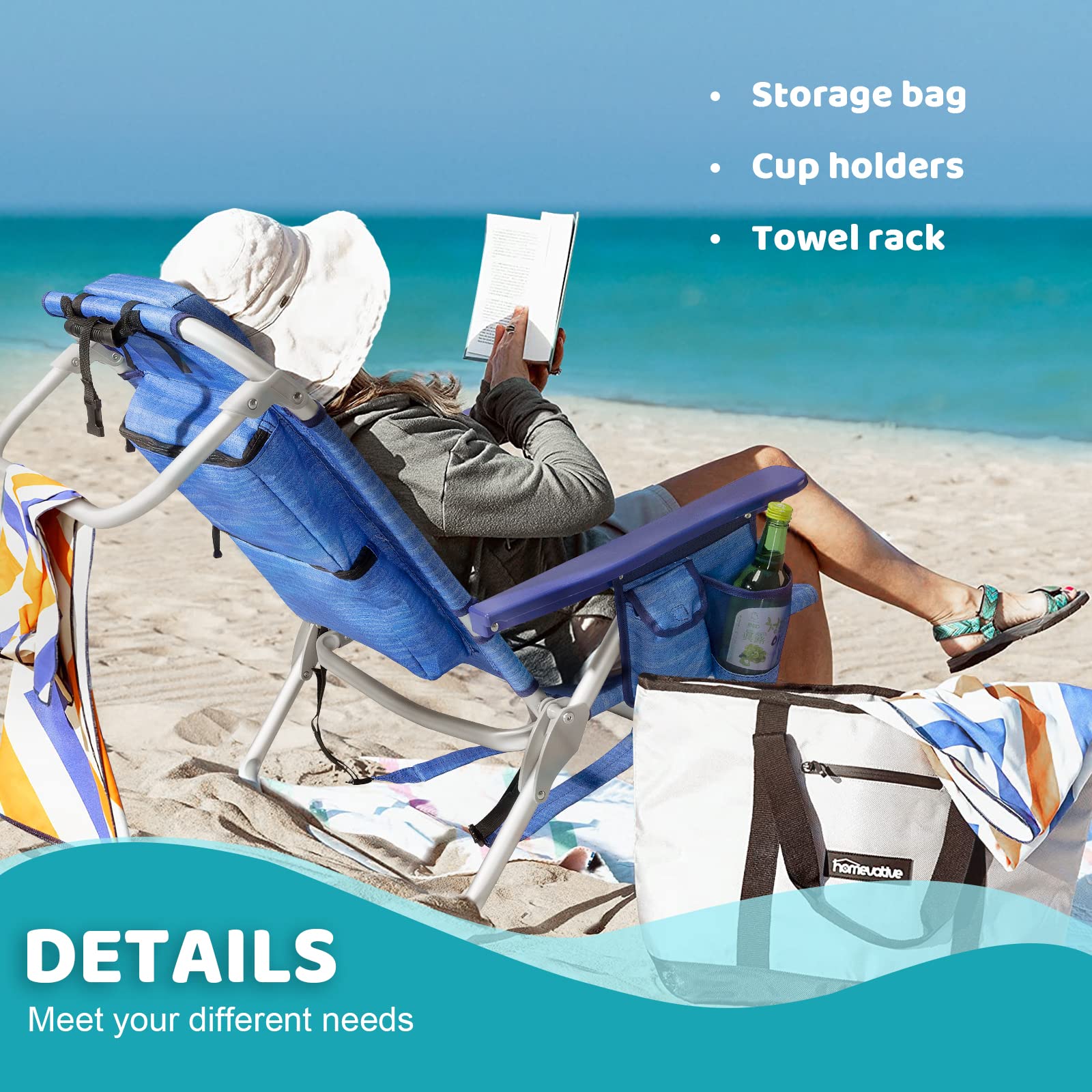 LEMBERI Heavy Duty Folding Beach Chair for Adults - Portable Camping Chair with Large Storage Pockets, Adjustable Cup Holder & Towel Rack - Perfect for Beach, Poolside, Picnics & Outdoor Travel (Navy Blue)