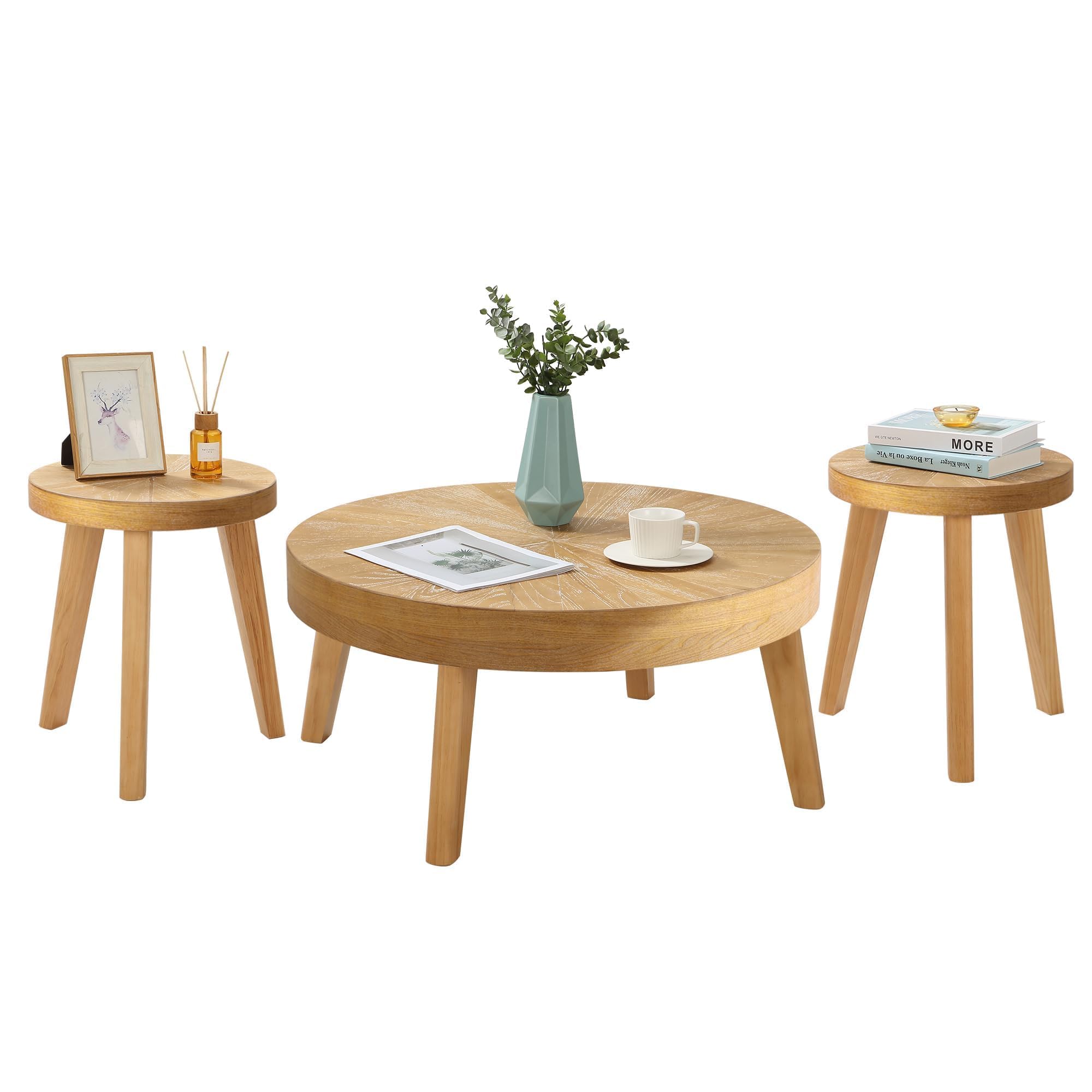 Rustic Round Coffee Table Set of 3 - Boho Chic Nesting Side Tables with Natural Wood Finish for Living Room, Bedroom & Home Office - Perfect for Small Spaces, Coffee Time & Home Decor