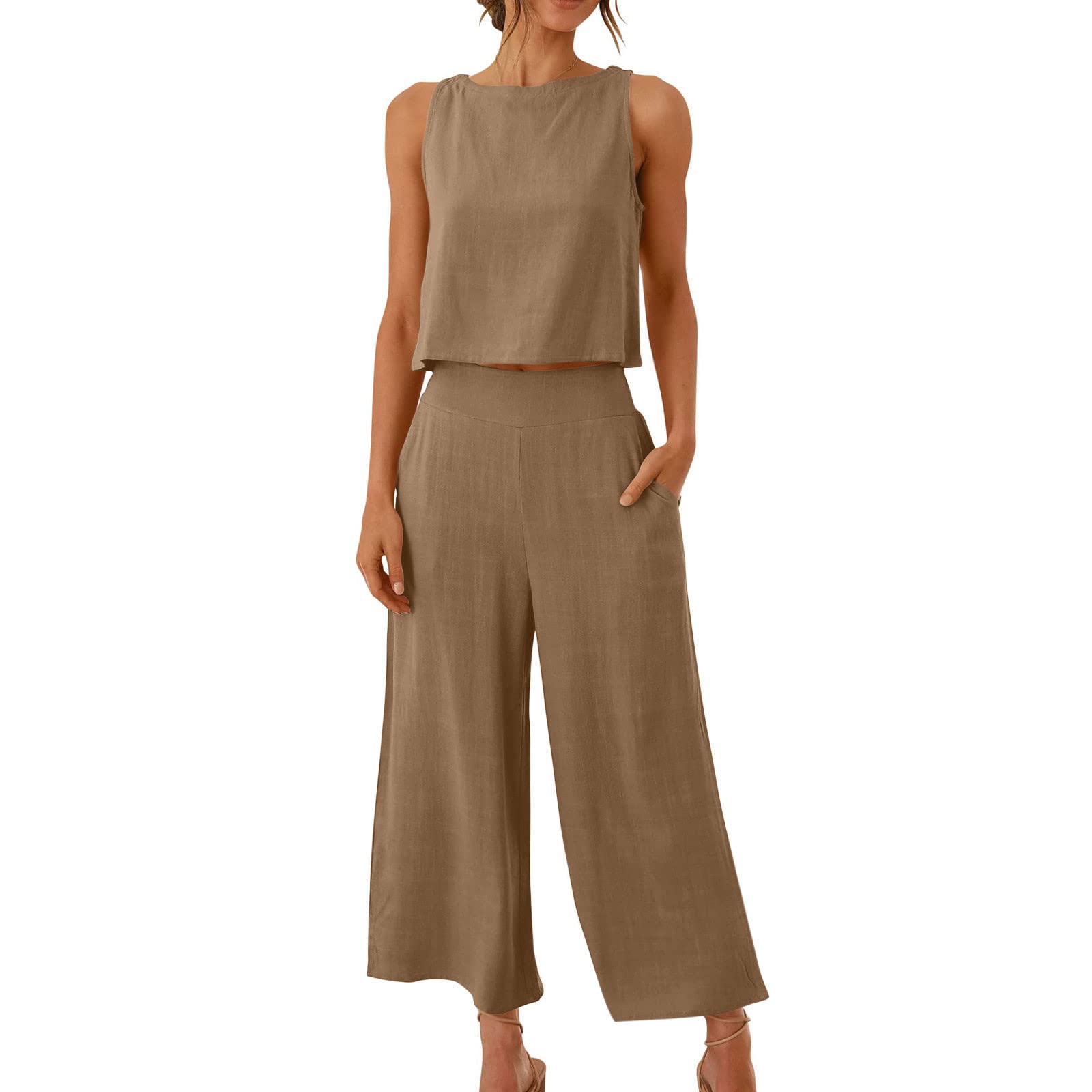 Women's 2-Piece Summer Outfit Set - Linen Crop Top & High Waist Wide Leg Capri Pants | Lounge Wear, Casual Matching Set for Beach, Vacation & Everyday Comfort