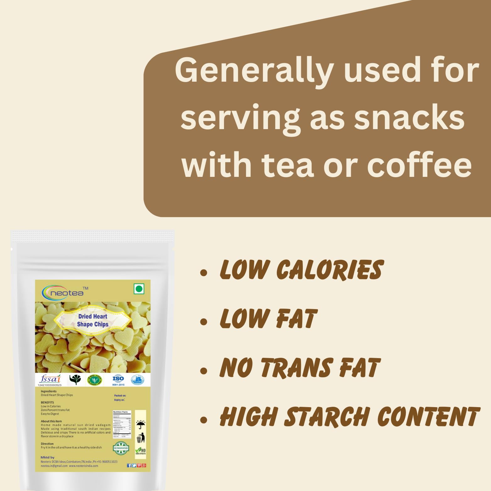 Neotea Homemade Fryum Snacks - Dried Heart Shaped Potato Chips, 250g | Crunchy Vegan Snack for Parties, Gifts & Healthy Munching