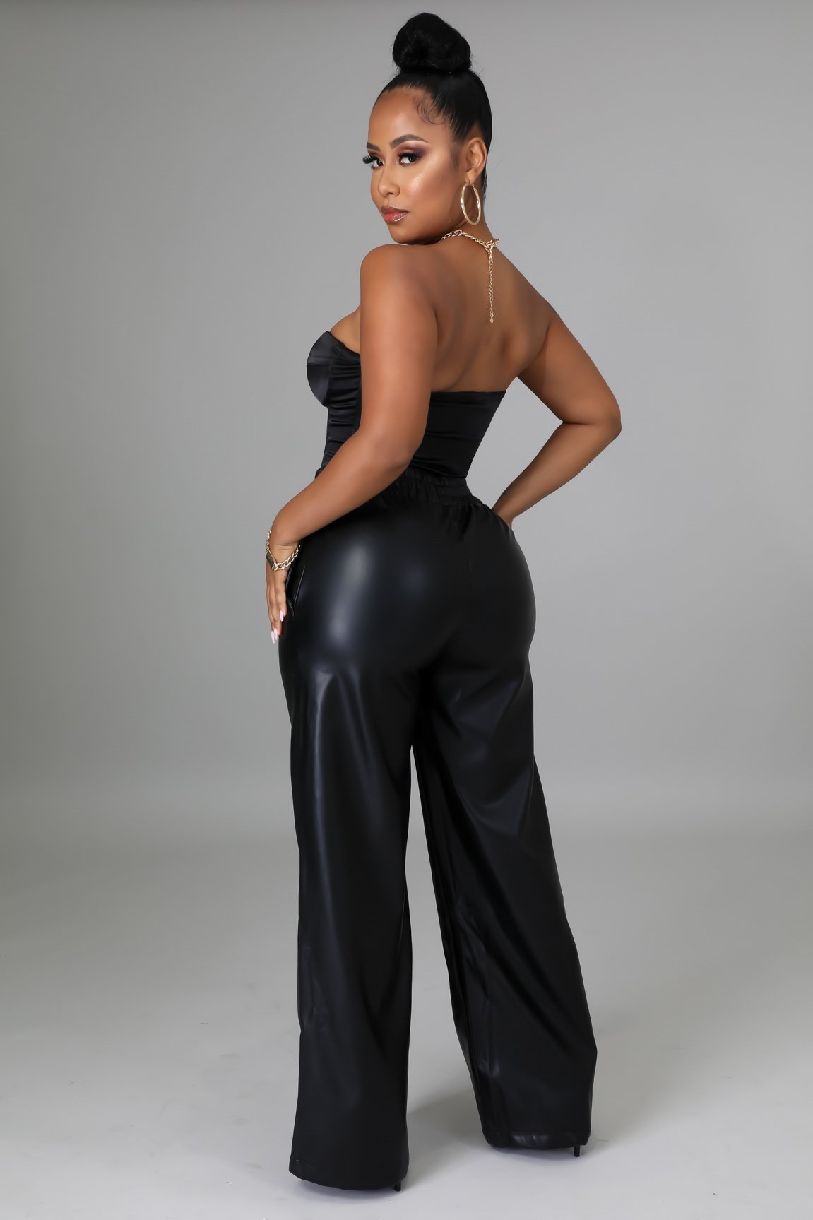Celina Women's Leatherette Wide Leg Pants - Black High Waist Stretch Comfortable Trousers for Work, Office & Casual Outfits