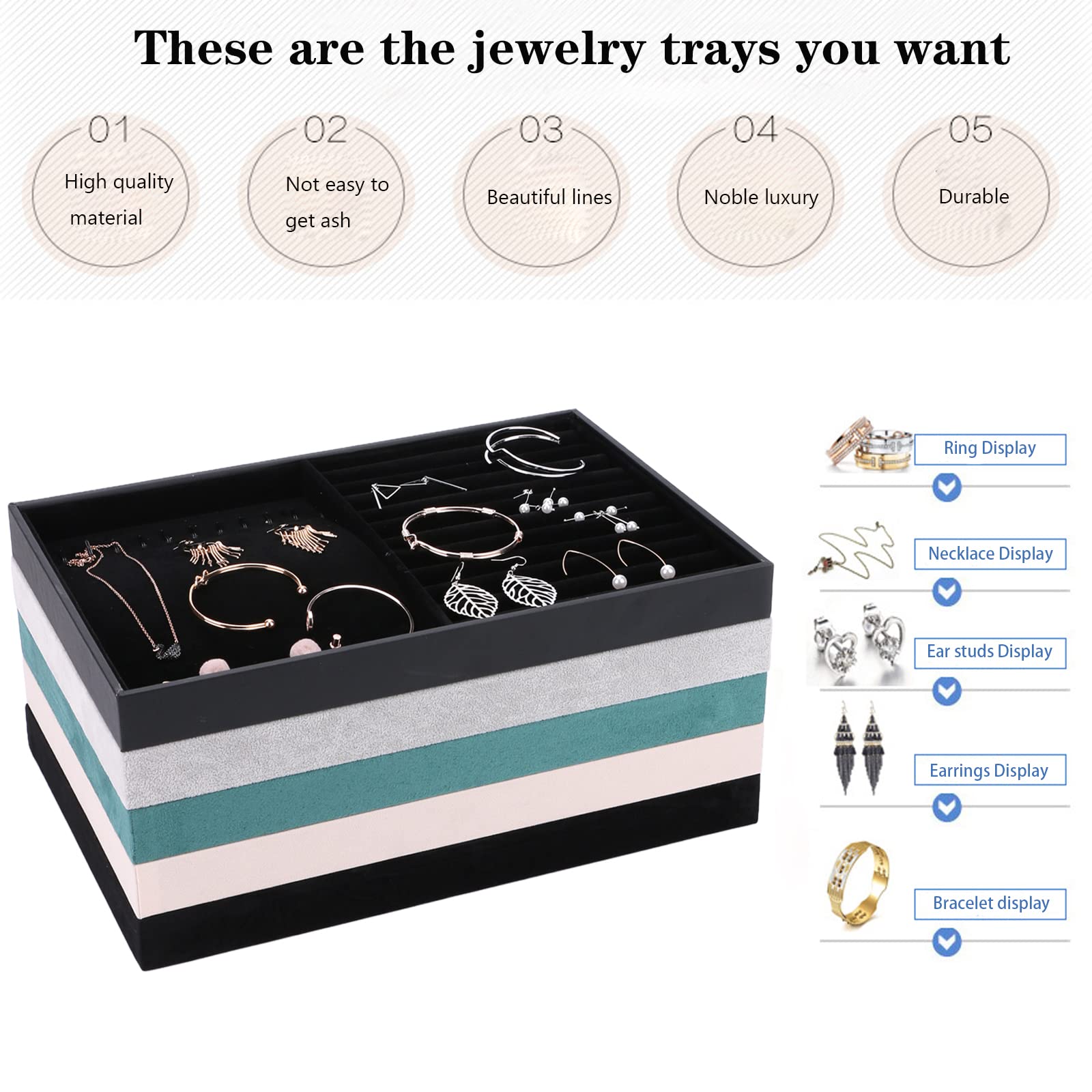 Velvet Jewelry Organizer Tray for Dresser Drawers - Large Stackable Jewelry Storage Box with 24 Grids, Black - Perfect for Necklace, Ring & Earring Organization in Bedroom Vanity or Closet