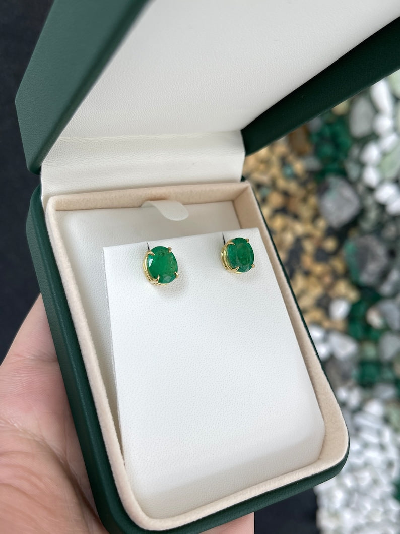 4.85tcw 18K Gold Vivid Dark Green Oval Cut Emerald Stud Earrings with Four Prong Claw Setting - Elegant Jewelry for Women, Perfect for Weddings, Parties & Special Occasions