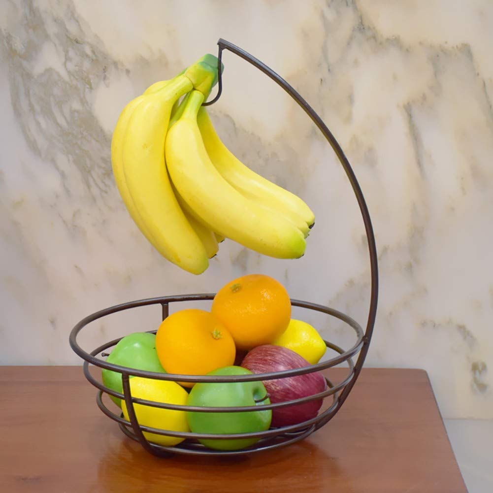 Premium Iron Wire Fruit Basket with Banana Hook - Sturdy Decorative Display Bowl for Fruits, Vegetables, Eggs & Bread Storage - Kitchen Countertop & Dining Table Organizer (Bronze)