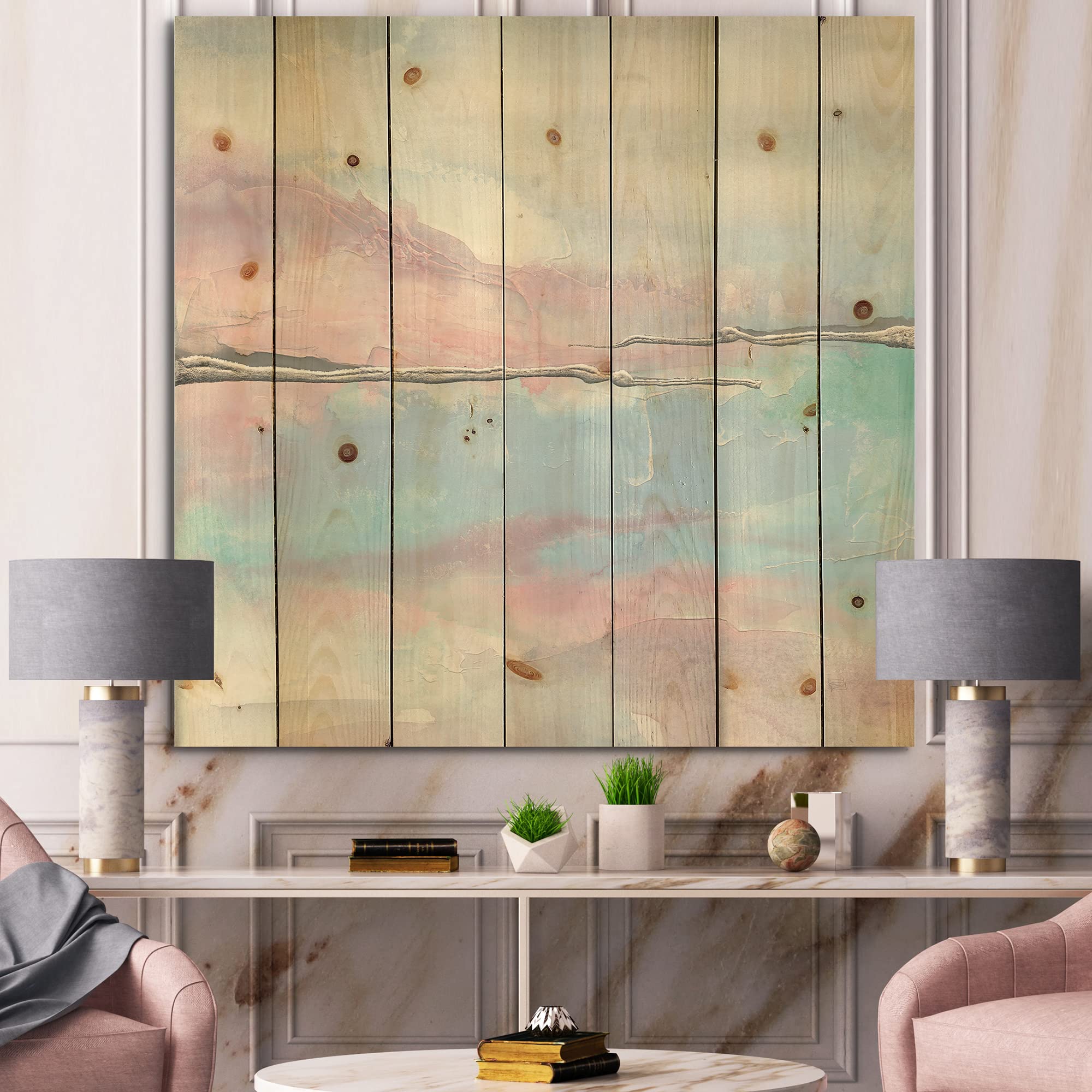 Metallic Shabby Pink Wood Wall Decor | Shabby Chic Blue Wood Wall Art | Large Abstract Wood Panels Printed on Natural Pine | Rustic Home Decor for Living Room, Bedroom & Office
