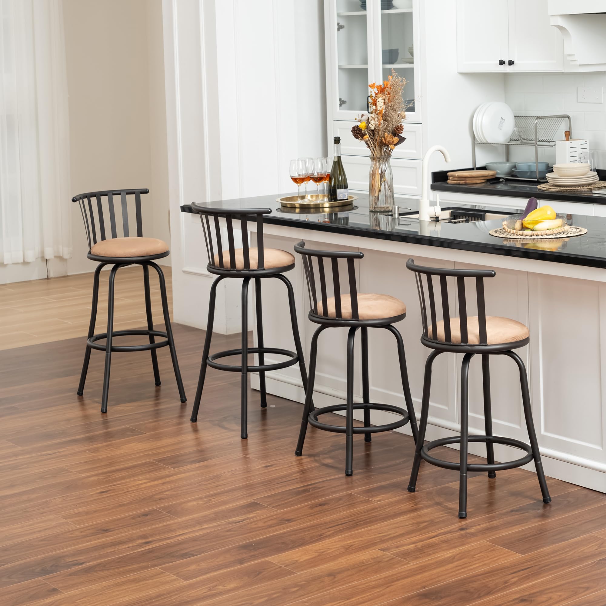 **Adjustable Classic Barstools Set of 4 – Country Style Swivel Bar Chairs with Backrest & Footrest – Counter Height Stools for Kitchen Island, Bistro, Pub & Home Bar – Interchangeable Legs in Brown/Black – Perfect for Dining, Entertaining & Small Spaces**