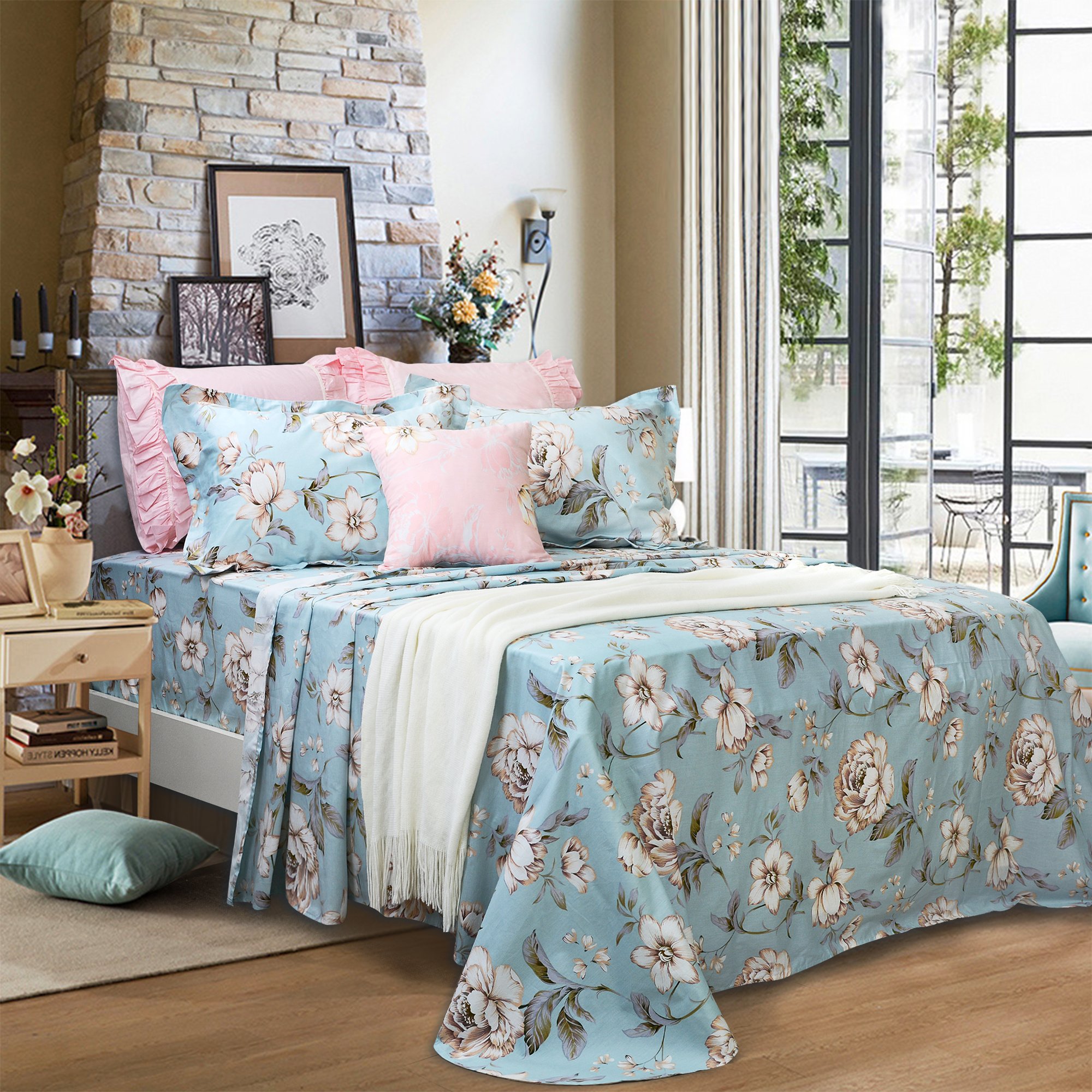 FADFAY Shabby Floral Bed Sheet Set California King - 100% Cotton Farmhouse Style Bedding Set (4 Piece: Flat Sheet, Fitted Sheet & 2 Pillowcases) for Cozy Bedroom Decor & Guest Room Upgrade
