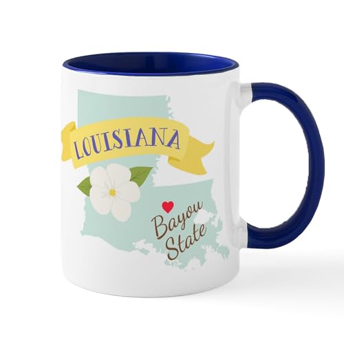 White/Navy Inside - Louisiana Bayou State Outline Magnolia Flower Mugs