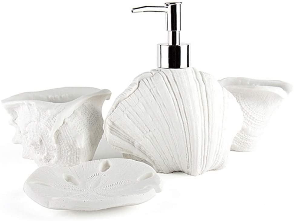 Premium Sandstone Soap Dispenser & Bathroom Accessories Set - 3/4-Piece with 350ml/11.8oz Lotion Pump Bottle, Soap Dish & Gargle Cup - Elegant Shell Design for Modern Bathroom & Kitchen Decor - Perfect for Spa-Like Experience at Home