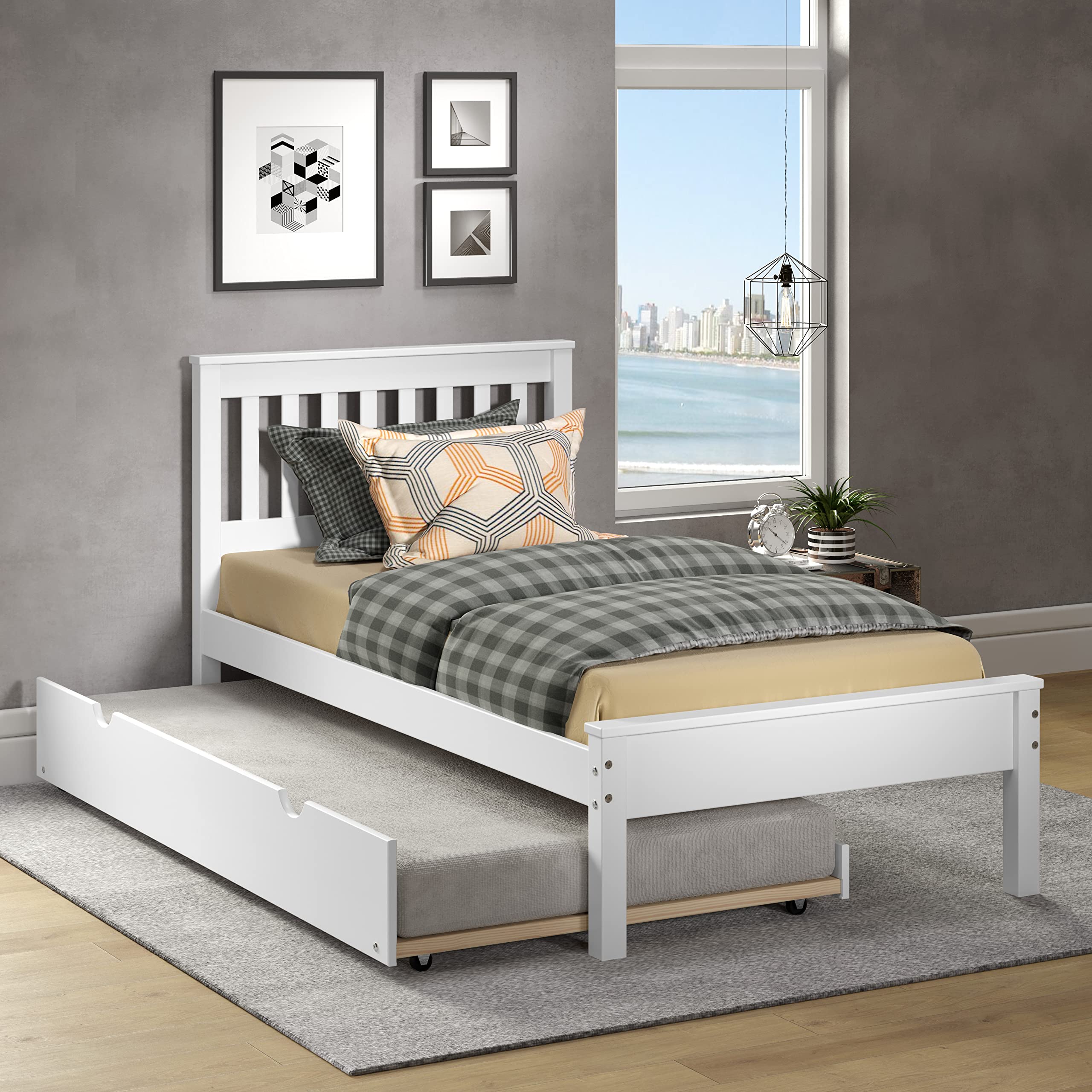 Donco Kids Twin Contempo Bed with Twin Trundle Bed - White Finish | Space-Saving Kids Bedroom Furniture for Sleepovers & Small Rooms