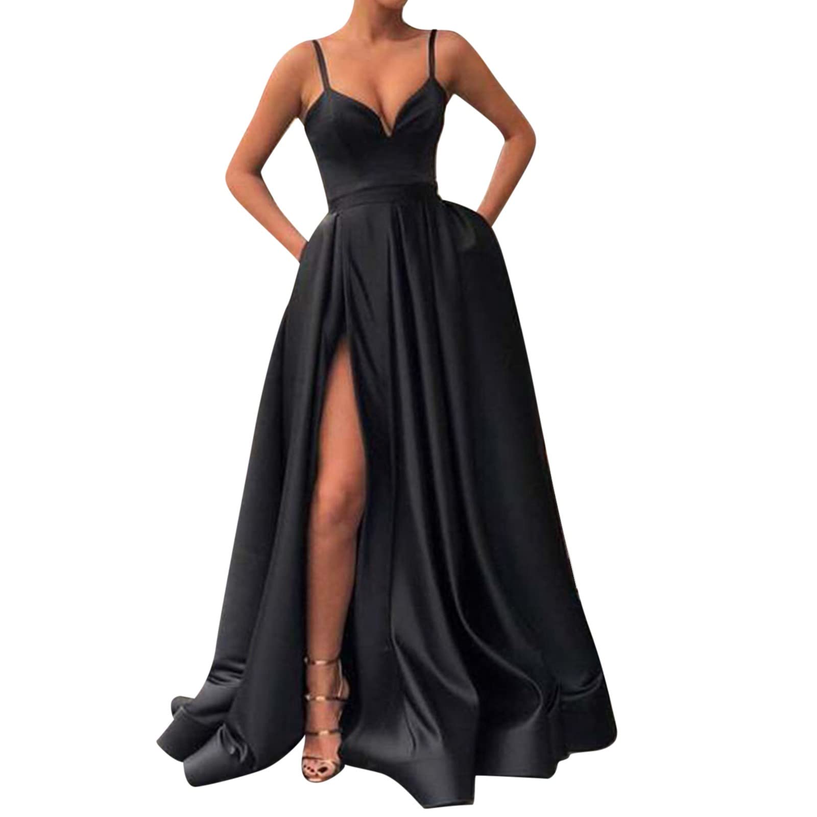 Women's Casual Spring Satin Dress - V Neck Sleeveless Backless Slit Dress with Side Zipper (Black, XXL) | Perfect for Summer Parties, Date Nights & Beach Vacations