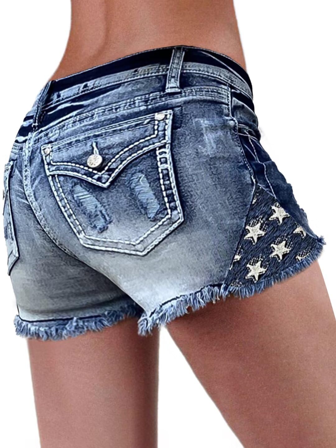 Flamingals Women's Ripped Denim Shorts - Low Waist Distressed Skinny Stretchy Shorts with Raw Hem | Perfect for Summer Outfits, Casual Wear & Beach Vacations