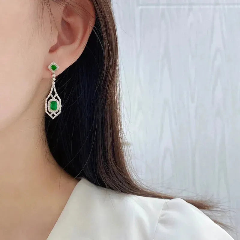 18K White Gold Emerald and Diamond Earrings for Women - Luxury Elegant Gemstone Jewelry Gift for Birthday, Anniversary, Wedding & Senior Banquet