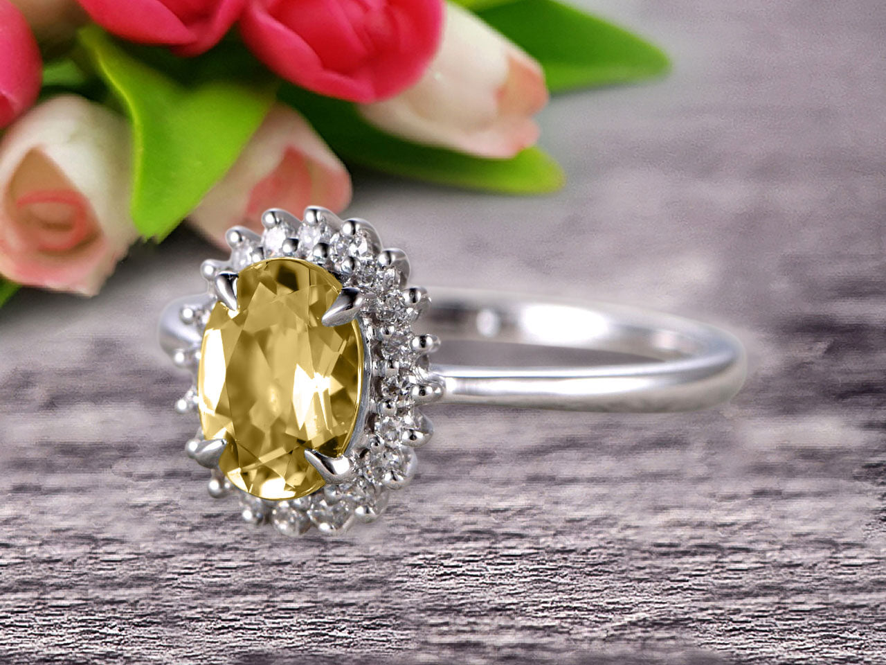 1.25 Carat Oval Cut Champagne Diamond Moissanite Engagement Ring - 10k White Gold Halo Flower Prong Setting - Perfect for Proposals, Weddings & Anniversary Gifts