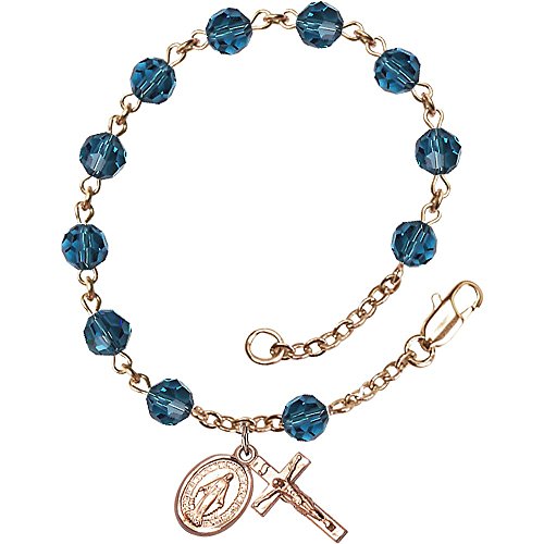 14Kt Yellow Gold Filled Rosary Bracelet with 6mm Indicolite Swarovski Beads & Crucifix - 5/8