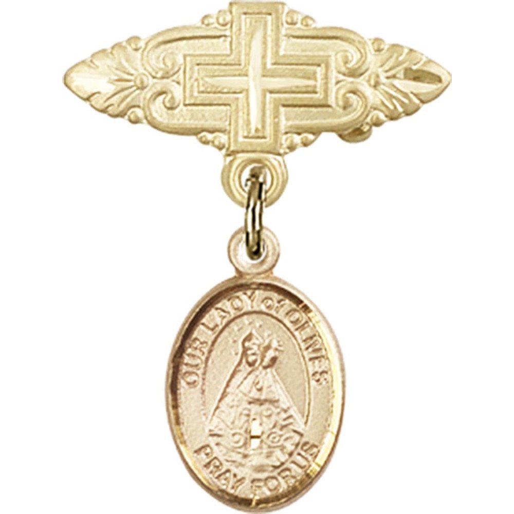 Gold Filled Baby Badge with Our Lady of Olives Charm & Cross Pin - 1 X 3/4 Inch Religious Jewelry for Baptism, First Communion & Christening Gifts