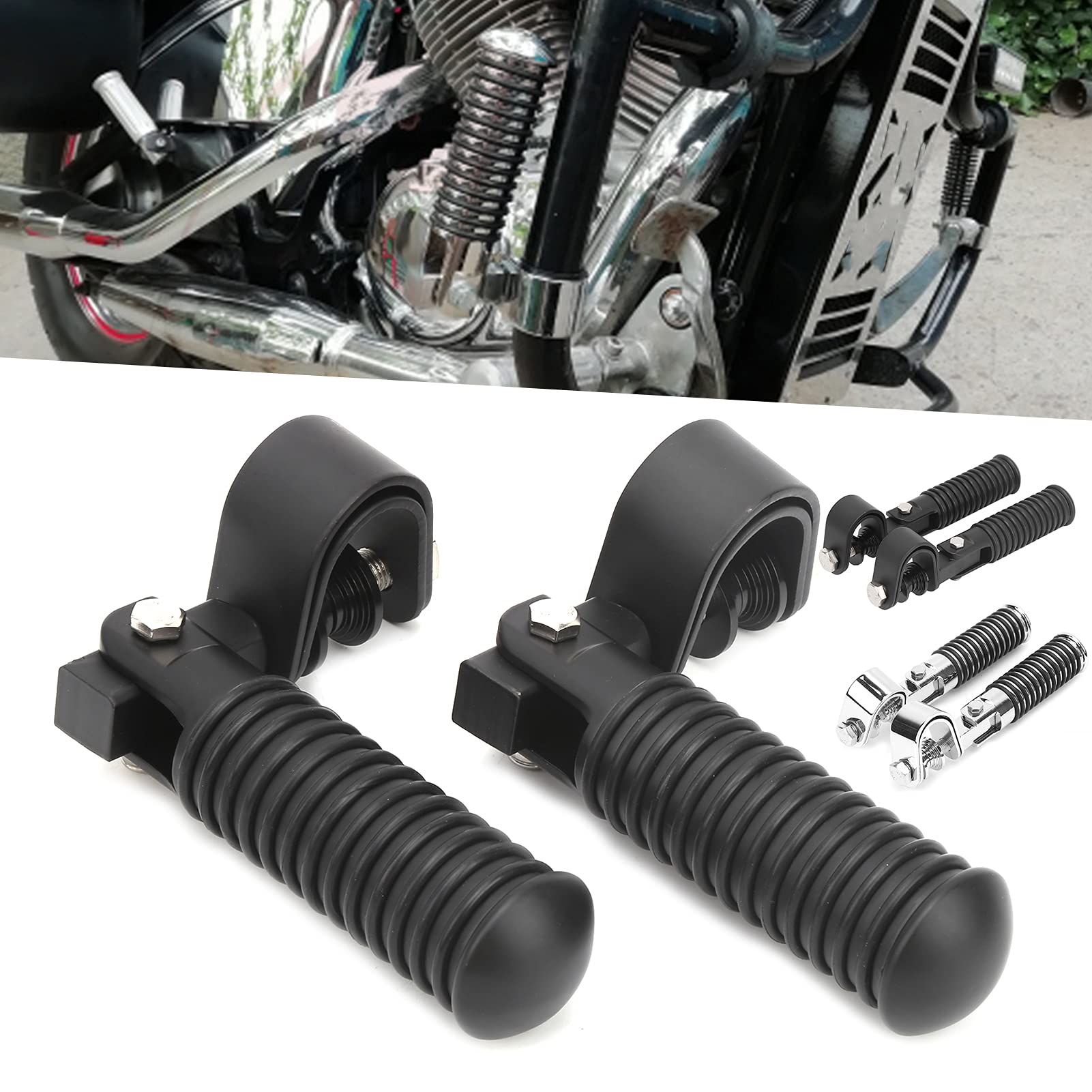 Black Motorcycle Foot Pegs for 1in Crash Bars - 25mm Footrest Mount Replacement with Heavy-Duty Clamp - Perfect for Highway Riding & Engine Guard Protection