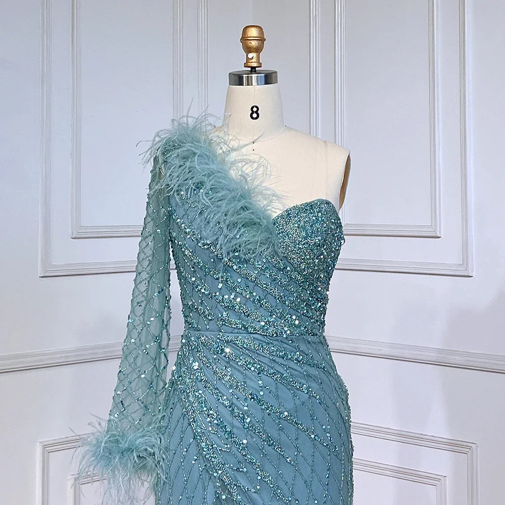 Elegant Blue One Shoulder Mermaid Evening Dress with Beaded Feather Details - Luxury Women's Formal Gown for Prom, Wedding & Special Occasions - Serene Hill Collection LA71612