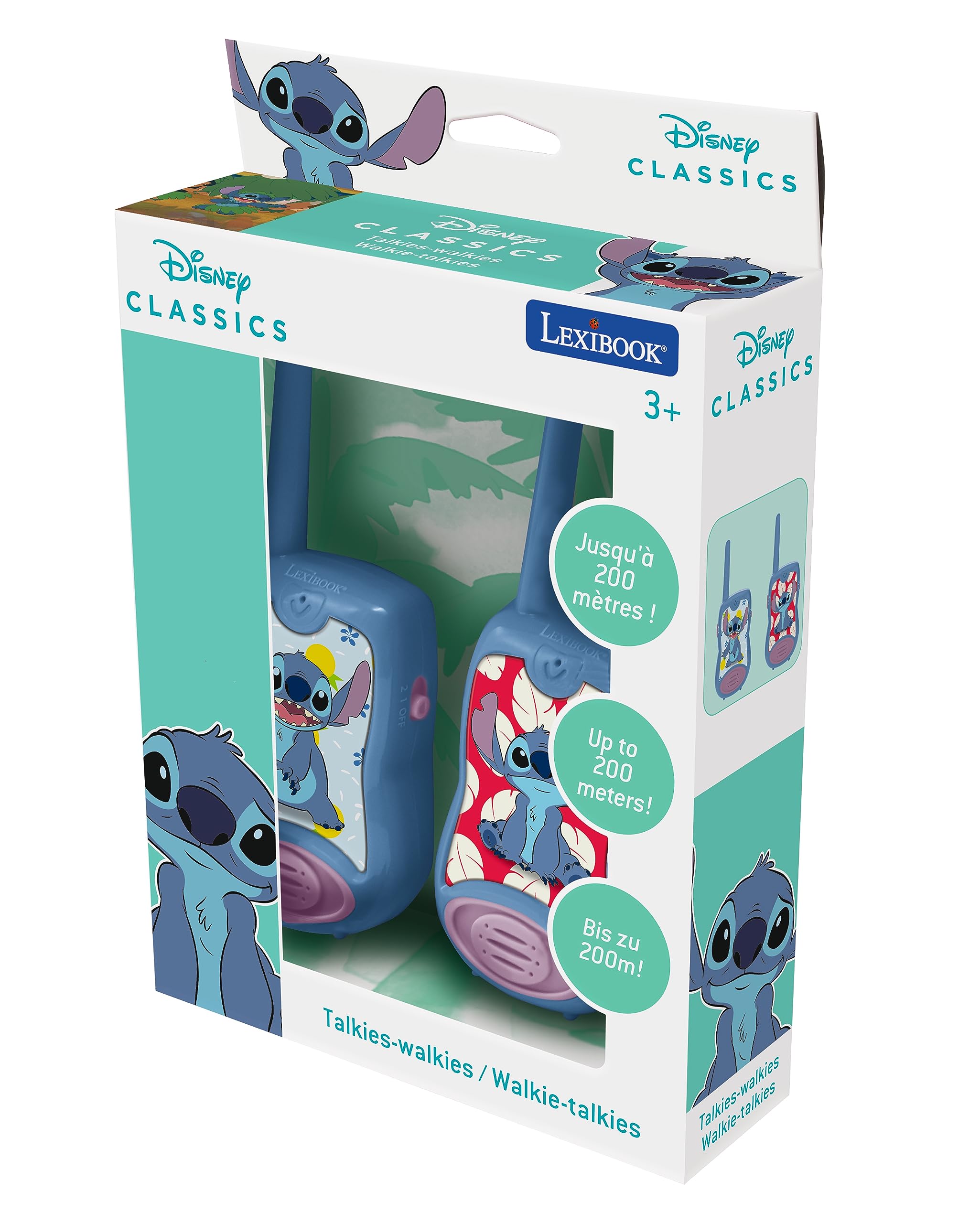 Lexibook Disney Stitch Walkie Talkies for Kids - 2 Pack 200m Range Communication Toy with Belt Clip, Blue/Violet (TW12D) - Perfect for Outdoor Adventures, Playdates, and Family Activities