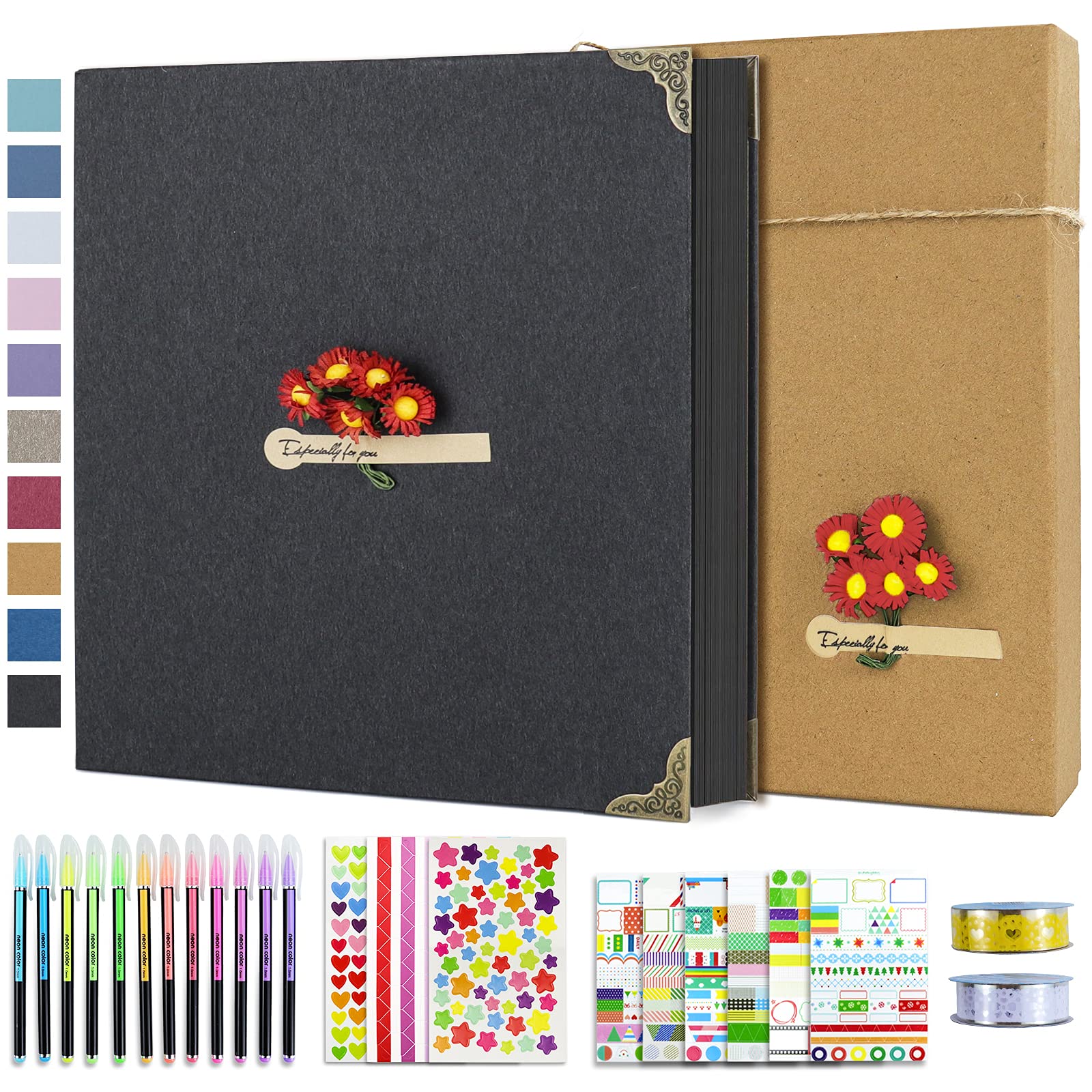 Vienrose DIY Scrapbook Photo Album Kit - 60 Pages Hardcover 12x12 Inches with Pens, Tapes & Stickers | 3-Ring Binder for Wedding, Anniversary, Baby Shower & Memory Keeping | Perfect Gift for Lovers, Friends & Kids (Black)