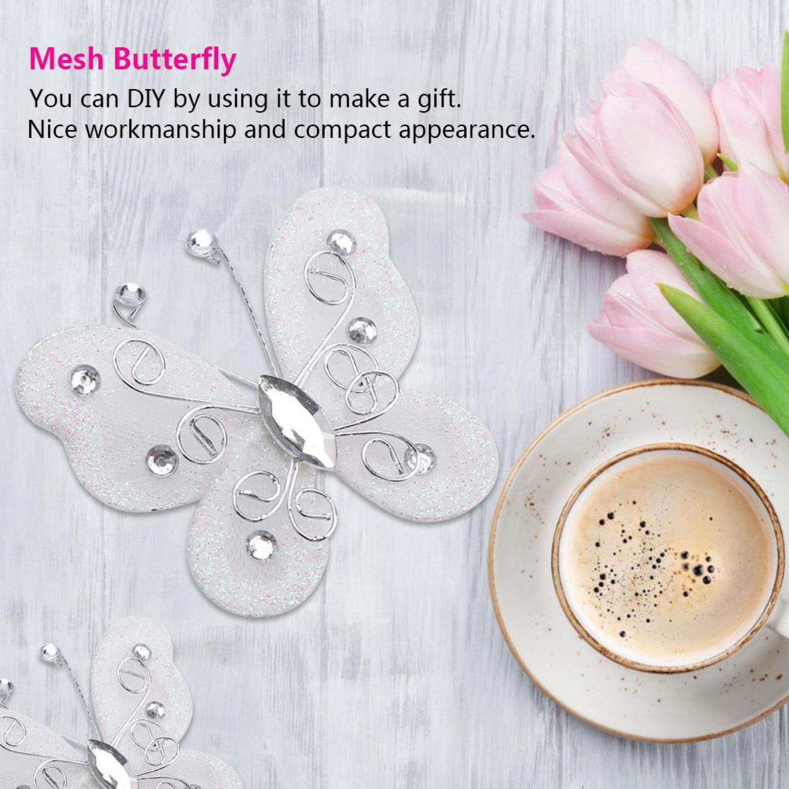 GLOGLOW 24pcs Sheer Mesh Wire Glitter Butterflies - White Organza Butterfly Decorations for Party, Wedding, Scrapbooking, Card Making & DIY Crafts | Perfect for Table Scatter, Clothing Embellishments & Home Decor