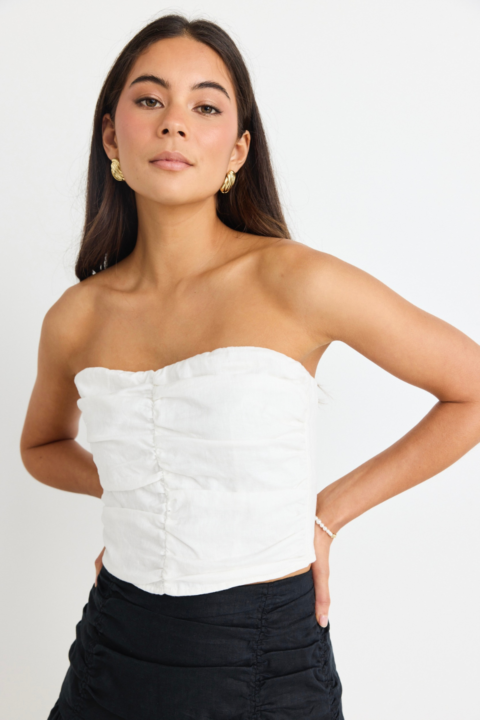 Elegant White Linen Strapless Rouched Blouse for Women | Summer Beach Party & Date Night Outfit