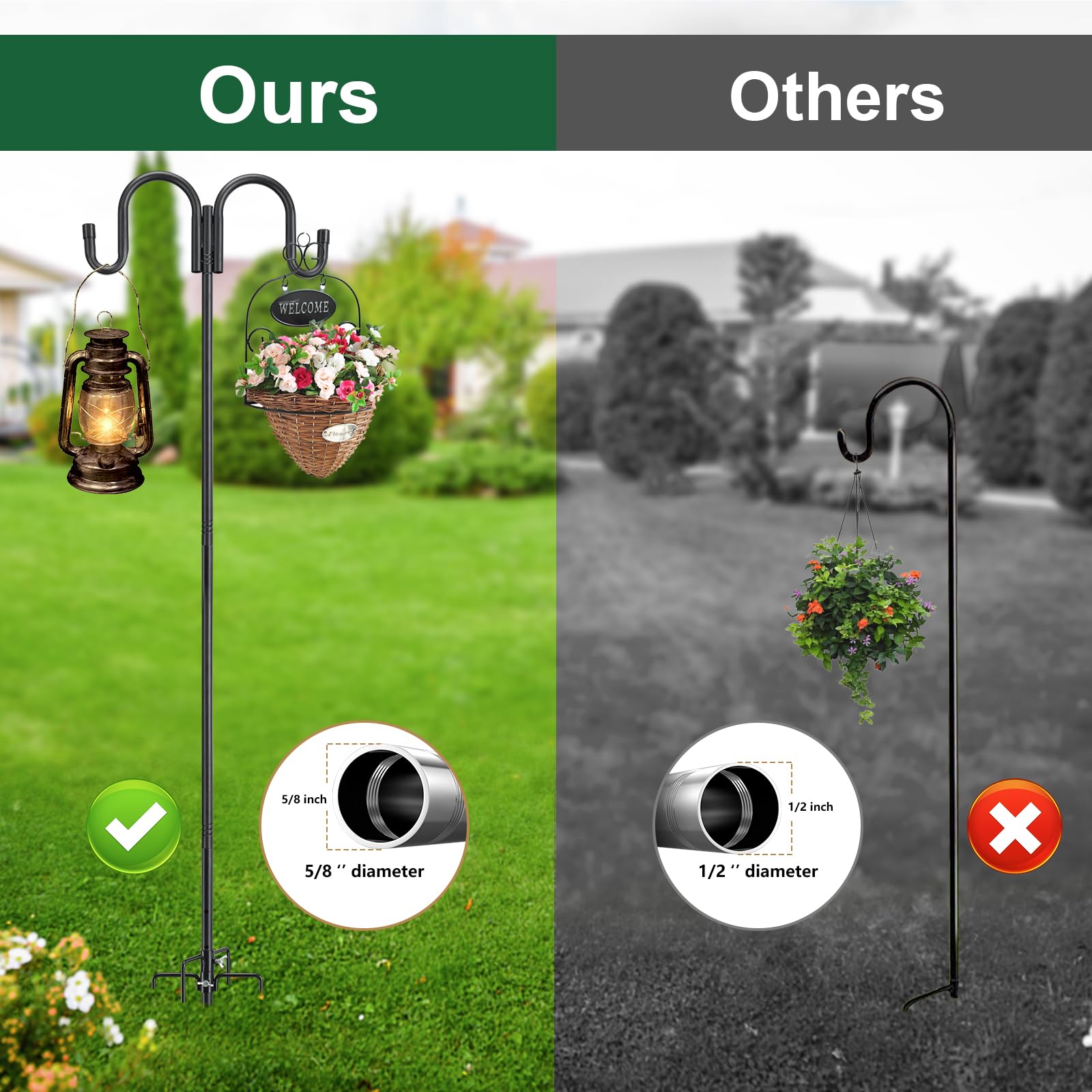 82 Inch Adjustable Black Double Shepherds Hook - Heavy Duty Rustproof Bird Feeder Pole with 5-Prong Base - Perfect for Outdoor Hummingbird Feeders, Solar Lights, Lanterns & Flower Baskets - Garden & Patio Decor Solution