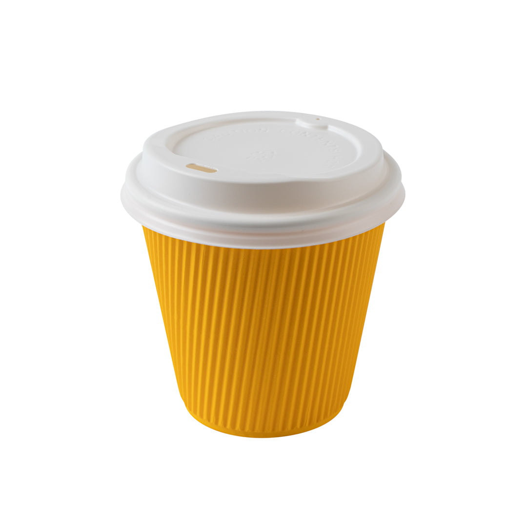 8 oz Yellow Paper Ripple Wall Coffee Cups with White Lids - 20 Count Box (3.5
