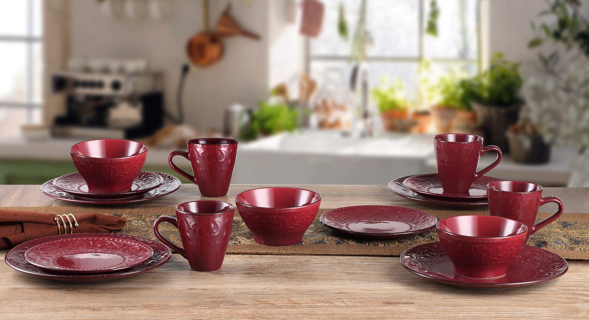 Elegant Modern Stoneware Scroll Dinnerware Set - 16 Piece Merlot Collection for Parties, Events & Holiday Gatherings - Perfect for Hosting, Entertaining & Special Occasions