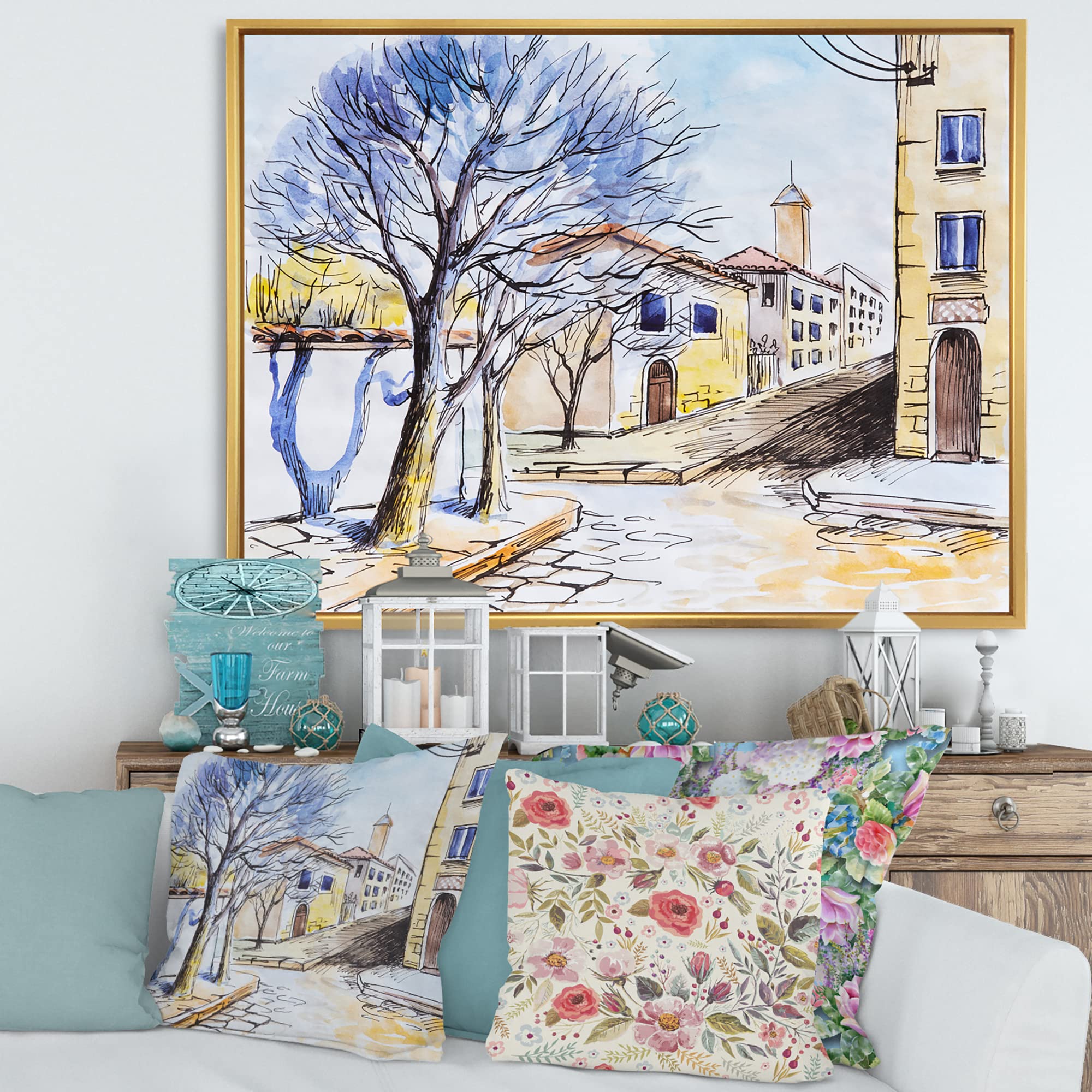 DesignQ White House in Summer Village - Traditional Framed Canvas Wall Art Print for Living Room, Bedroom & Office Decor | Home & Wall Decoration
