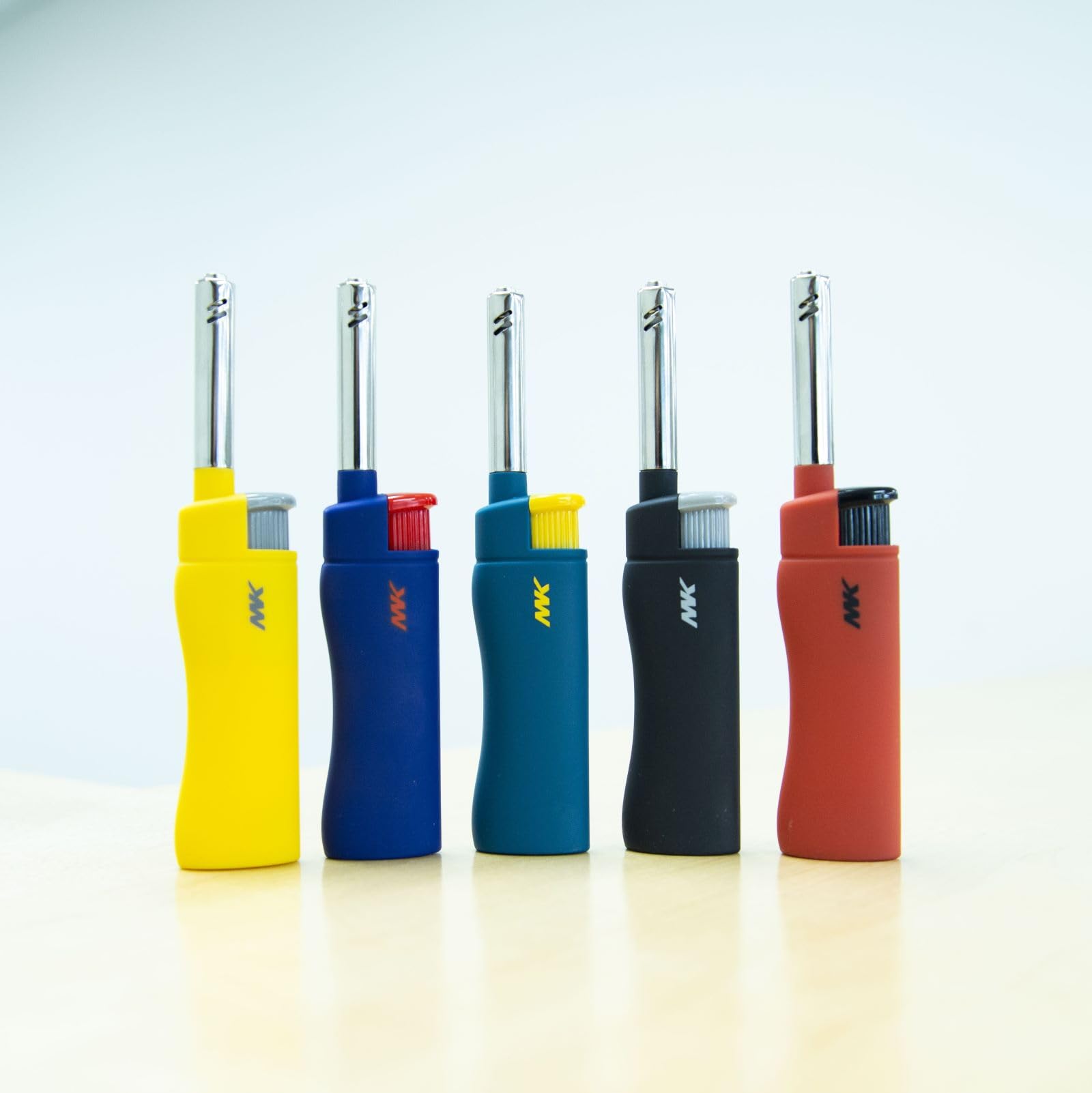 MK Windproof Refillable Butane Lighter 10-Pack - Multipurpose Candle Lighter for BBQ, Camping, Outdoor Use - Long Reach Flame for Fireplaces, Grills, Candles & More (3BL HUE)