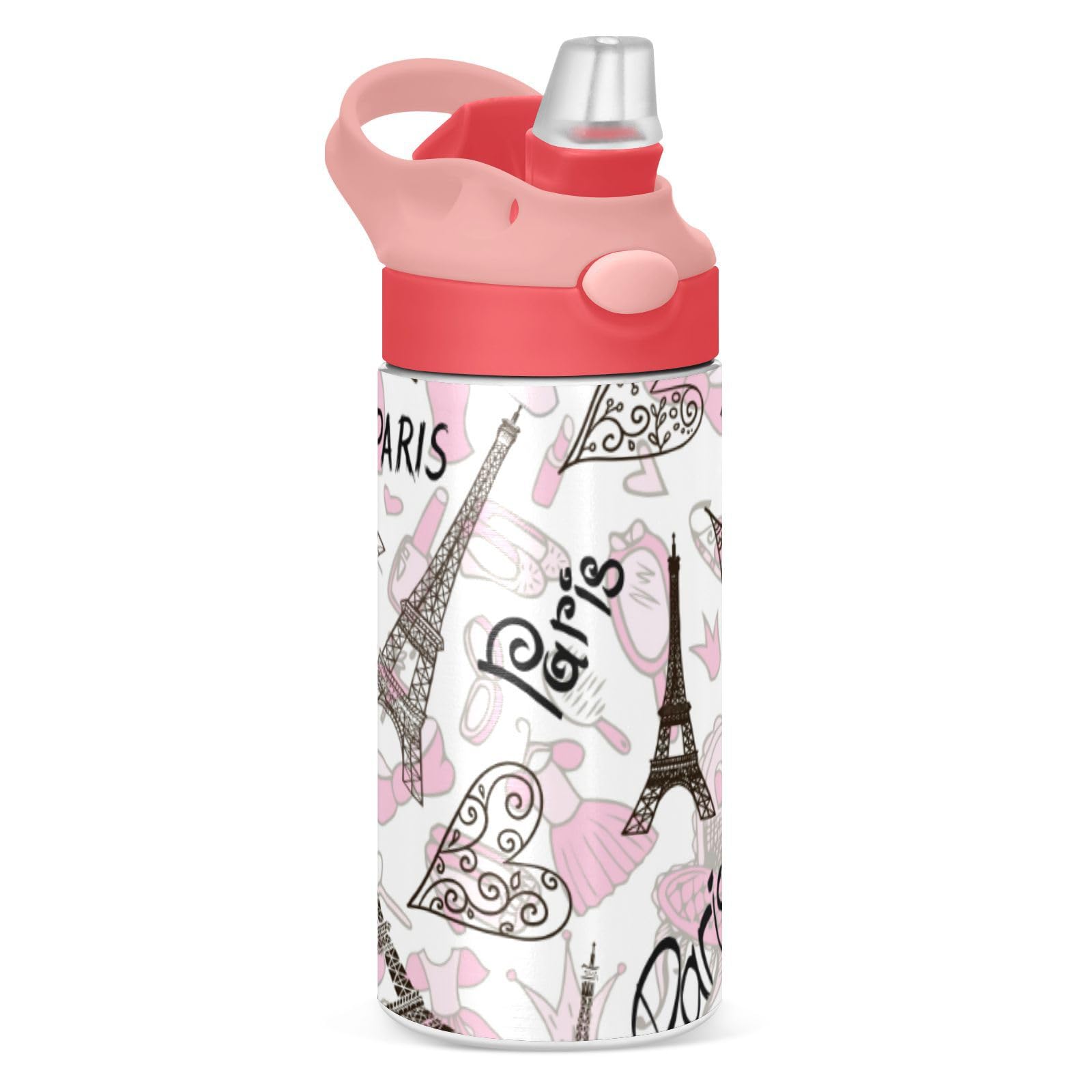Paris Eiffel Tower Kids Water Bottle - 12oz Insulated Stainless Steel Thermos with Straw Lid, BPA-Free & Leakproof for Boys & Girls - Perfect for School, Travel & Outdoor Activities