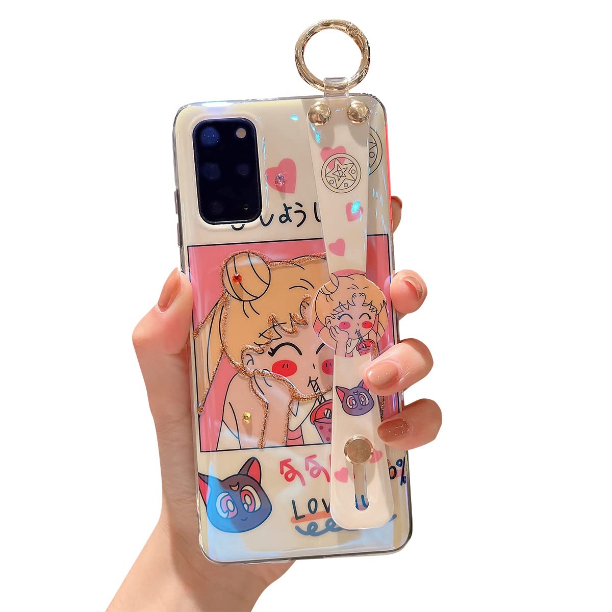 Cute Cartoon Girl Glitter Bling Samsung Galaxy S20 Plus Case with Wrist Strap & Kickstand - Shockproof Soft TPU Protective Phone Cover for Women & Girls | Perfect for Daily Use, Work, School & Travel
