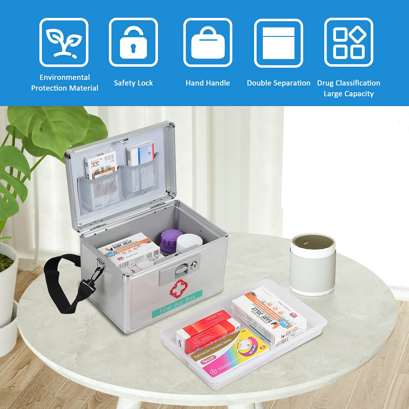 14 Inch Aluminum First Aid Kit with Removable Compartments & Security Lock - Portable Medical Storage Box for Camping, Hiking, Home & Emergency Preparedness (Silver)