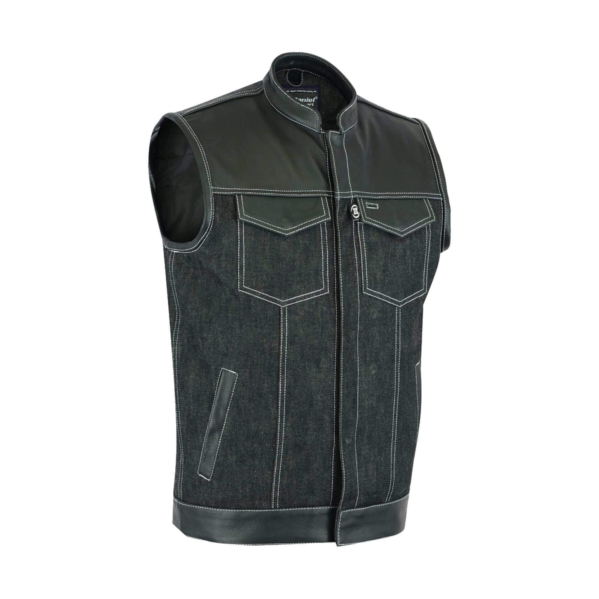 Daniel Smart Biker Vest for Men - Black Denim Motorcycle Vest with Leather Trim & Hidden Weapon Pocket | Riding Gear for Harley Davidson & Cruiser Bikes | Outdoor Adventure & Urban Style
