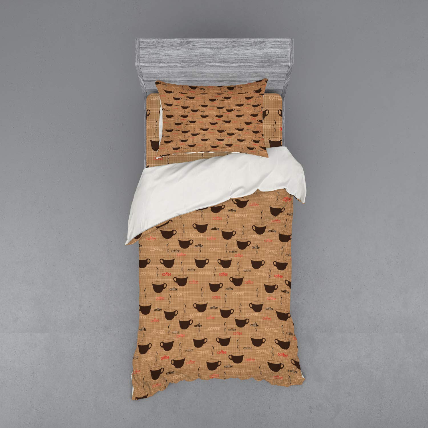 Ambesonne Coffee Duvet Cover Set - 3 Piece Bedding with Sham & Fitted Sheet, Twin Size, Chocolate Brown - Coffee Cup & Espresso Design in Earth Tones - Perfect for Coffee Lovers' Bedroom Decor & Gift Ideas