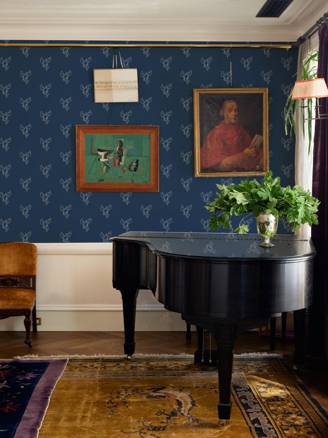 Premium Navy Lobster Wallpaper by Lingua Franca - Elegant Coastal & Seafood Restaurant Decor