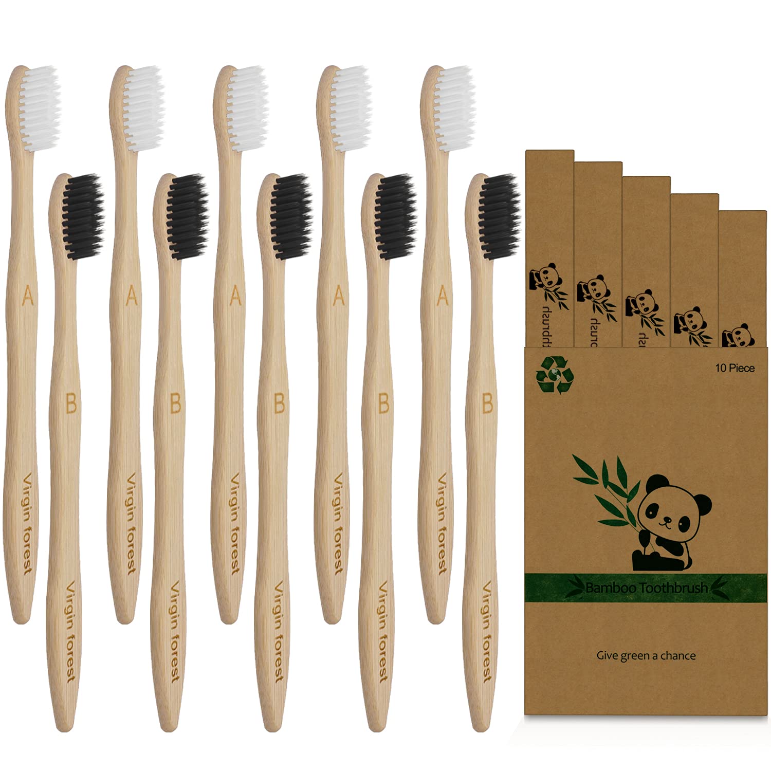 Virgin Forest 10 Pack Bamboo Toothbrushes | Eco-Friendly & BPA Free | Biodegradable Natural Wooden Toothbrush Set | Vegan Organic Bamboo Charcoal Bristles | Sustainable Oral Care for Home, Travel & Camping