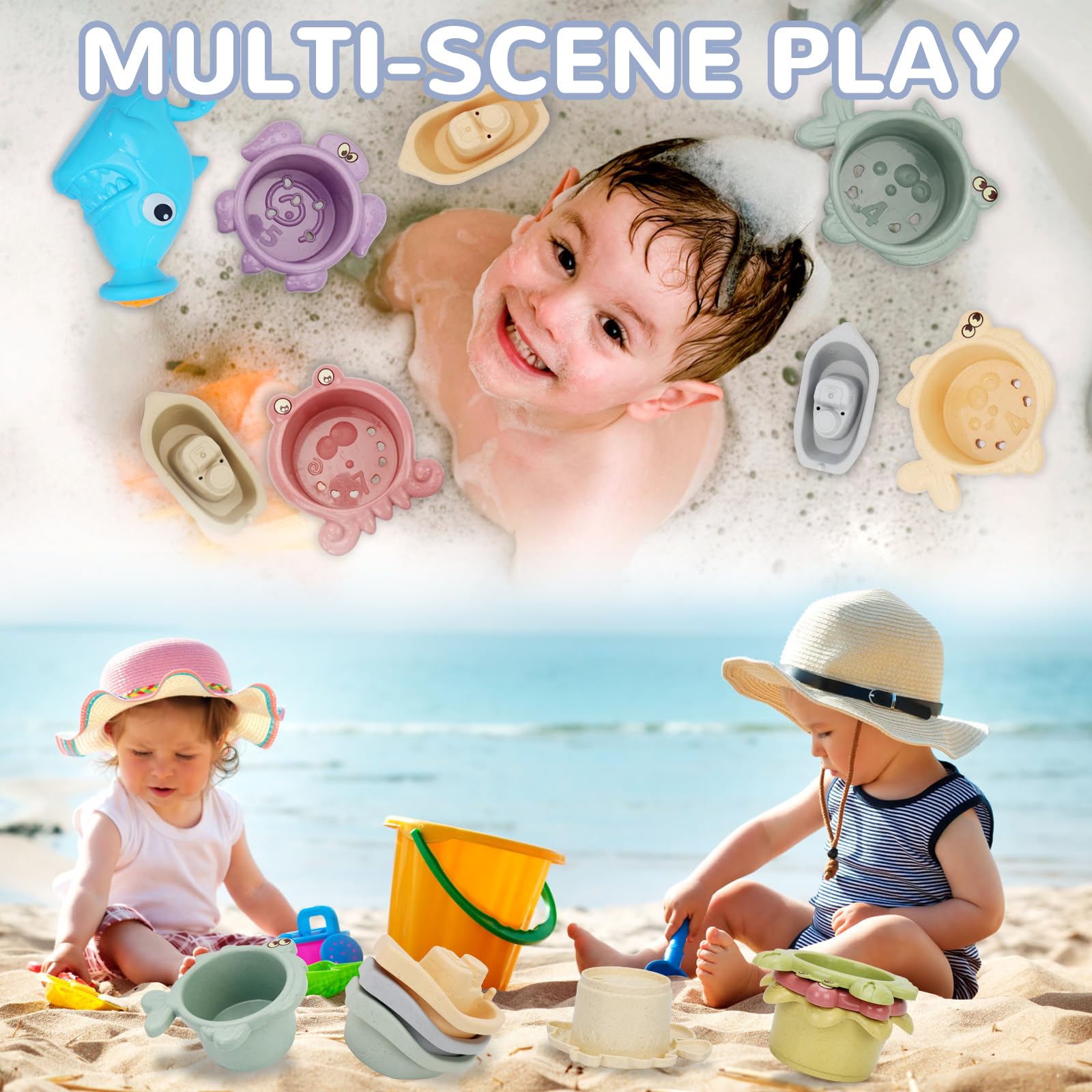 **14-Piece Toddler Bath Toys Set for Kids Ages 1-3 – Shark Shower, 5 Toy Boats & 8 Bath Cups – Fun Water Table & Bathtub Toys for Boys & Girls – Perfect Baby Pool & Bath Time Play Gifts**    *(Ideal for bathtime fun, outdoor water tables, baby pools, and sensory play – encourages motor skills and imaginative play!)*