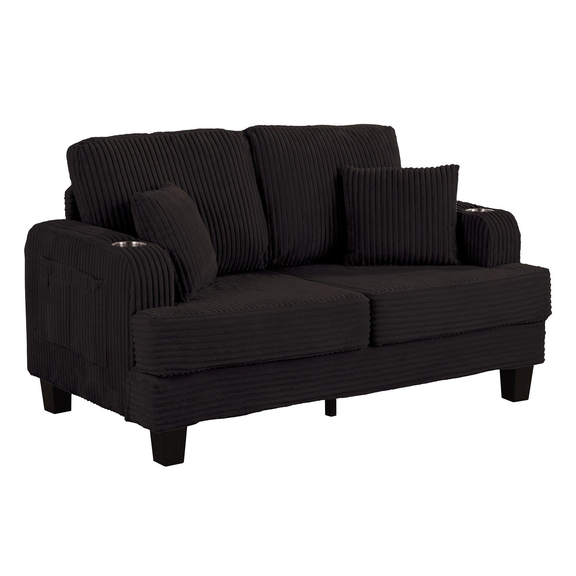3-Piece Black Sofa Set with Storage Ottoman - Comfy 3-Seater Couch & Loveseat for Living Room | Includes USB Ports, Side Pockets & Throw Pillows | Perfect for Family Gatherings, Movie Nights & Small Space Living