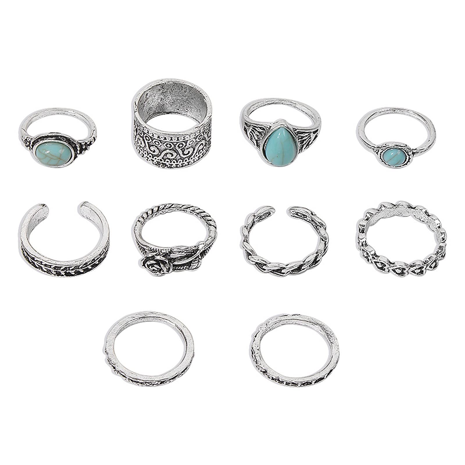 Bohemian Stackable Silver Stone Rings for Women - Vintage 10PC Set, Adjustable Joint Finger Rings, Retro Jewelry for Teens & Men (Silver, One Size) - Perfect for Layering, Daily Wear & Boho Fashion Accessories