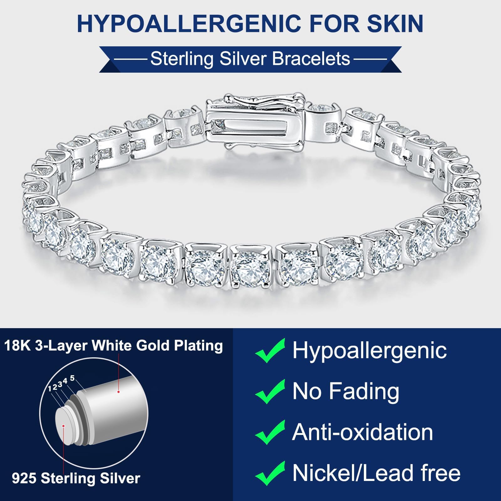 2-6.5mm Moissanite Tennis Bracelet for Women & Men - Durable Cubic Zirconia Bracelet Jewelry Gift for Anniversary, Wedding, Birthday - Perfect for Daily Wear & Special Occasions