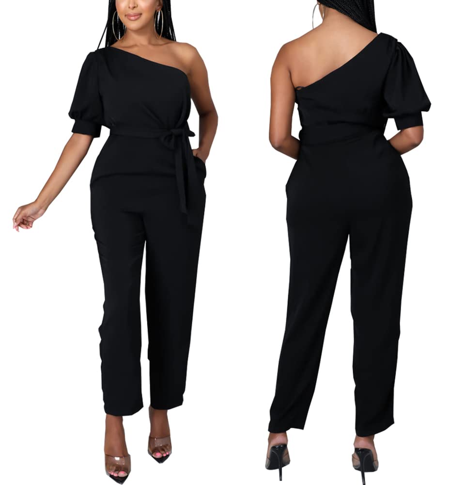 JTNFairy Women's Summer One Shoulder Stretchy Jumpsuit - High Waist Wrap Romper with Pockets | Casual Dressy Outfit for Beach Vacation, Date Night & Party Wear