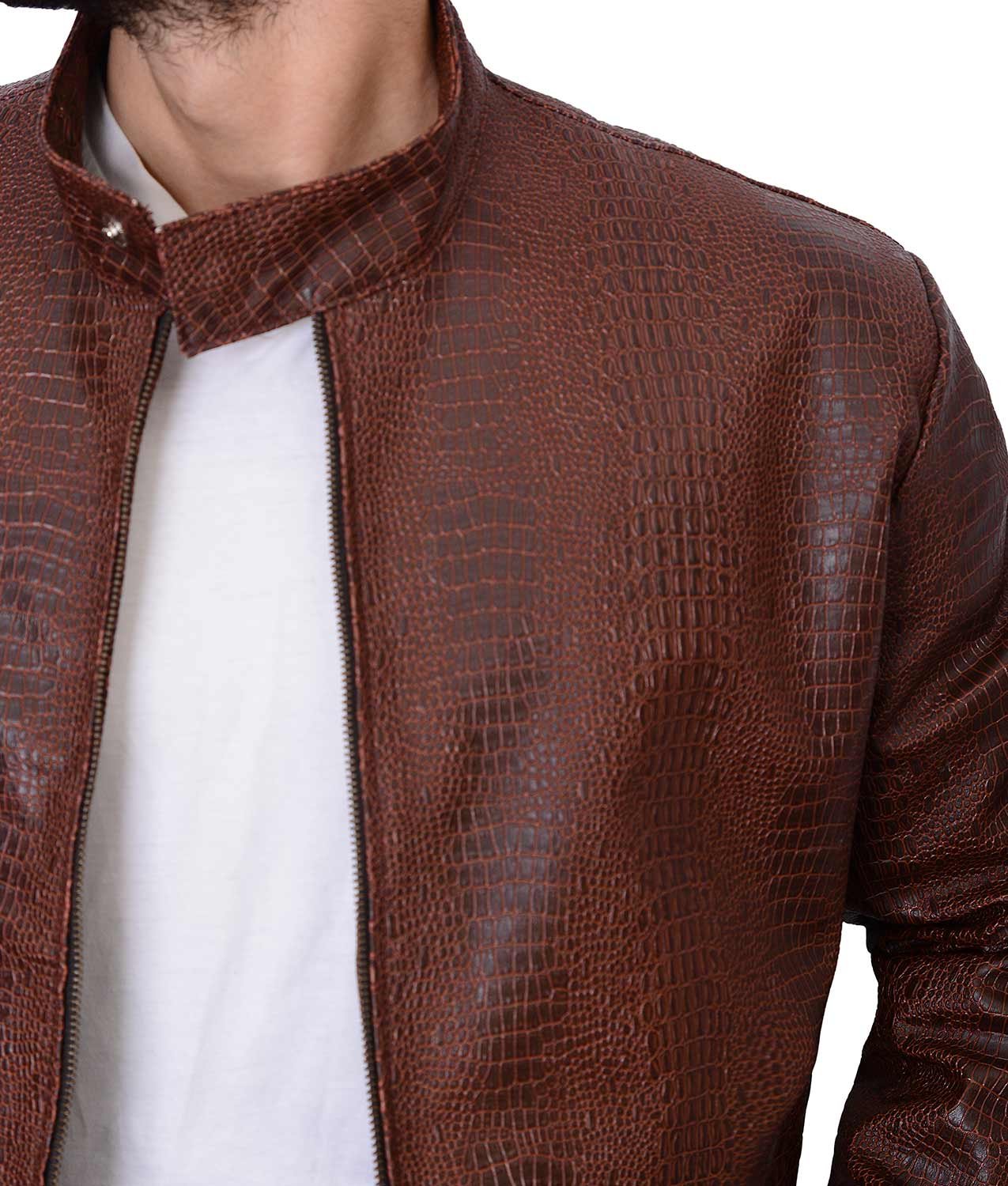 Shazmeen Men's Crocodile Pattern Stand-Up Collar Retro Slim Fit PU Leather Jacket - Stylish Vintage Biker Jacket for Casual Outings & Motorcycle Rides