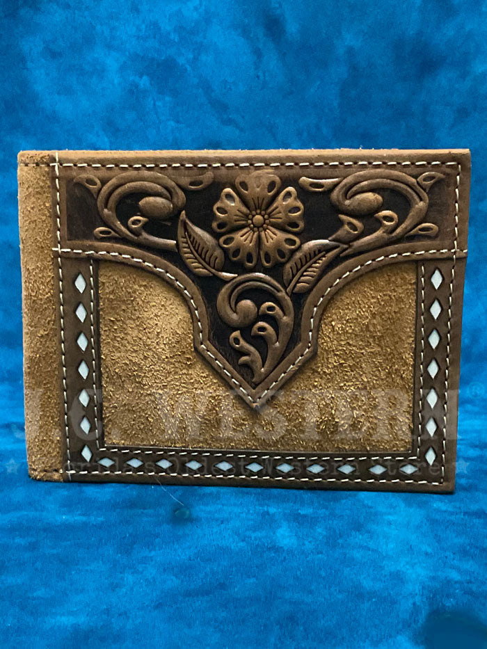 Nocona Men's Floral Embossed White Buck Lacing Bifold Wallet - Tan Leather Wallet for Men - Perfect for Everyday Carry, Gift Giving & Western Style Fashion