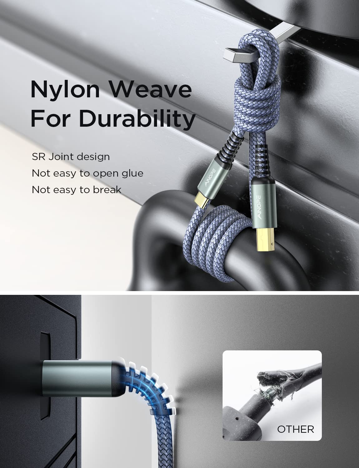 AINOPE 6.6FT USB B to USB C Printer Cable - High Speed USB 2.0 MIDI Cable with Nylon Braiding - Compatible with Yamaha, Casio Digital Piano, MIDI Keyboard, HP, Brother, Canon Printers - Perfect for Home Studio, Office & Music Production