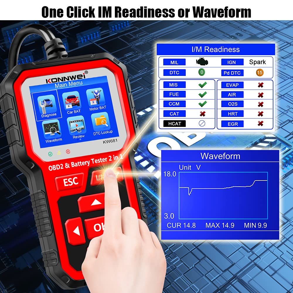 KW681 OBD2 Scanner & Battery Tester with KW510 Battery Charger - Professional Car Diagnostic Tool for Battery Testing, Charging & Vehicle Maintenance